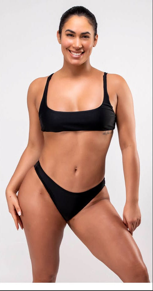 Before and after comparison of a woman wearing black bikini bottoms on a plain background.