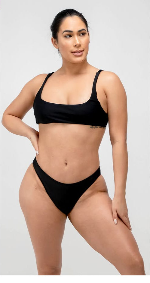 Before and after comparison of a woman wearing black bikini bottoms on a white background.